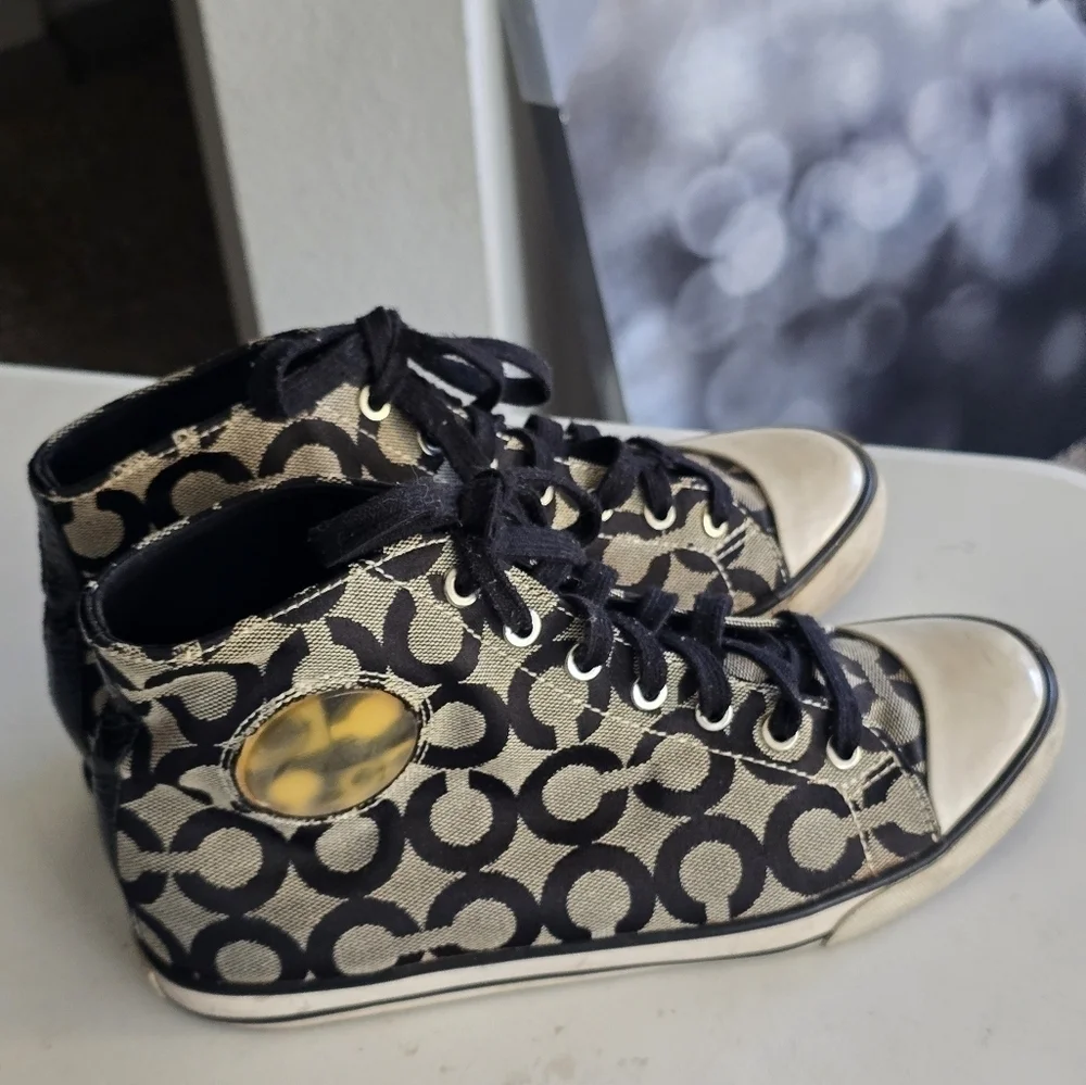 Coach Cardinal High Top Sneakers Women Sz 8B Black White Signature Logo … - Picture 5 of 16